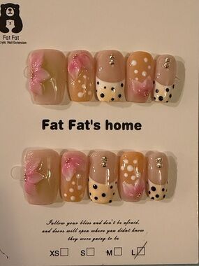 Neutral & Pink Floral handmade acrylic Nail Set with polka dot design